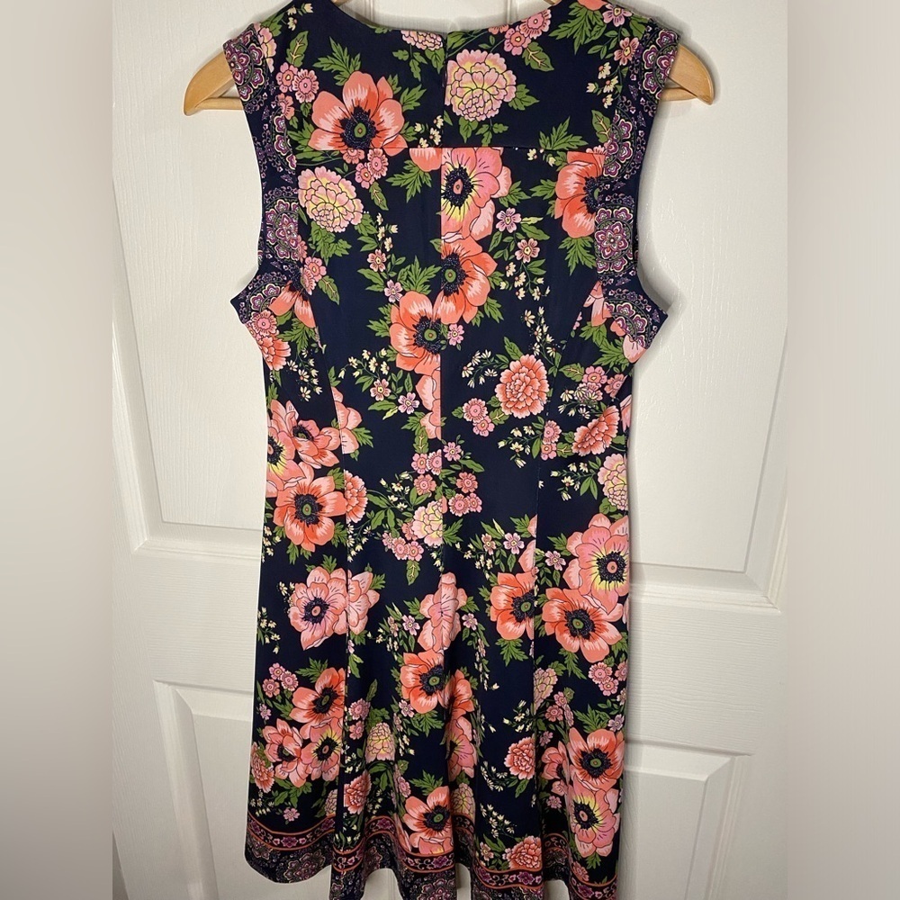 Liz Claiborne Navy Blue and Pink Floral Bohemian Midi Dress, Wedding Guest - Picture 3 of 7